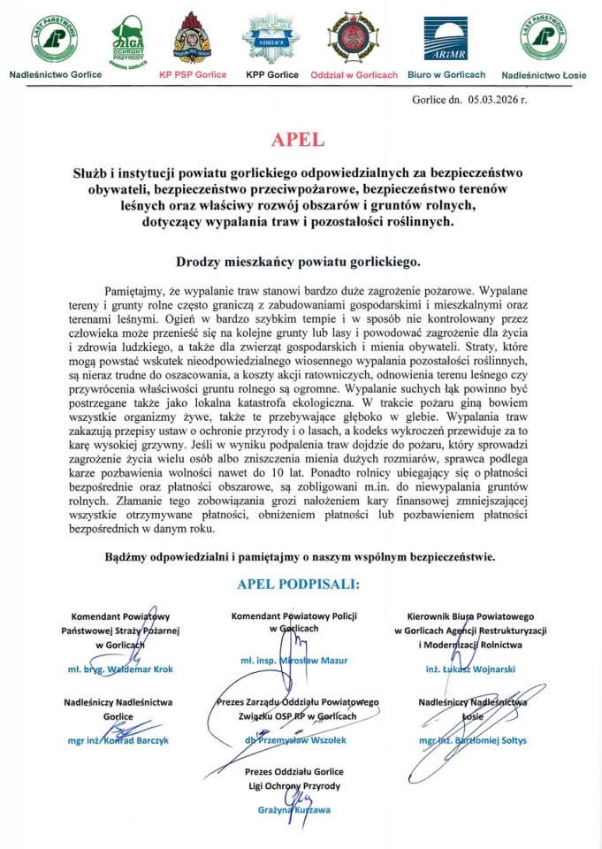 Apel służb i instytucji powiatu gorlickiego dotyczący wypalania traw i pozostałości roślinnych w okresie wiosennym.