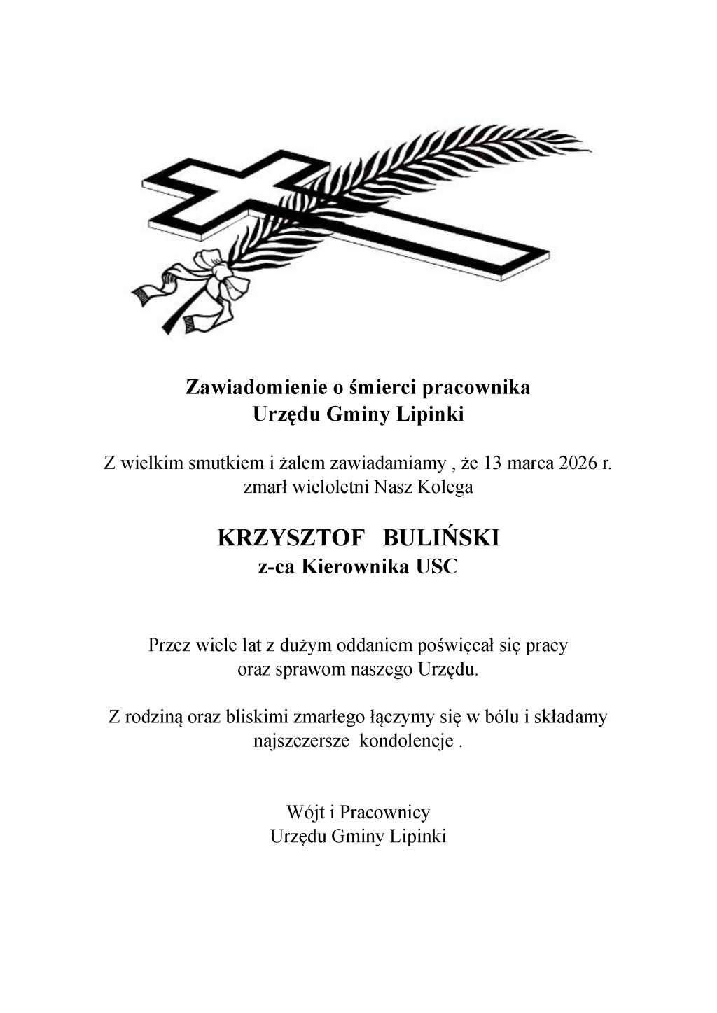 Zawiadomienie o śmierci pracownika  Urzędu Gminy Lipinki